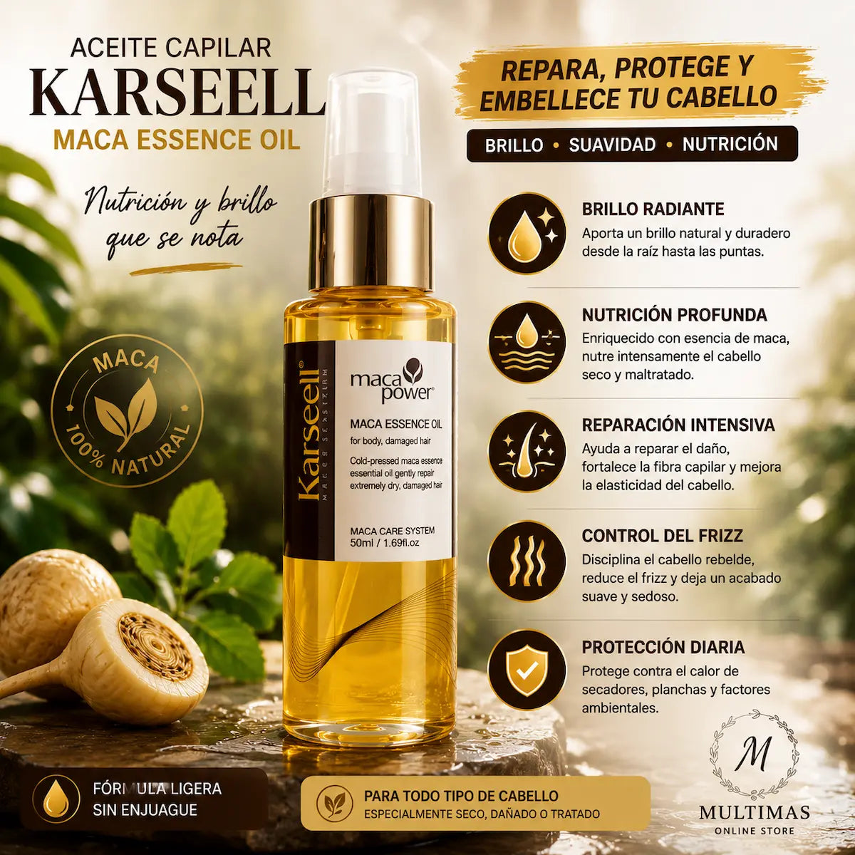 Aceite capilar Karseell Maca Essence Oil 50 ml para nutrir, aportar brillo y suavidad, ayudar a controlar el frizz y cuidar el cabello seco o maltratado.