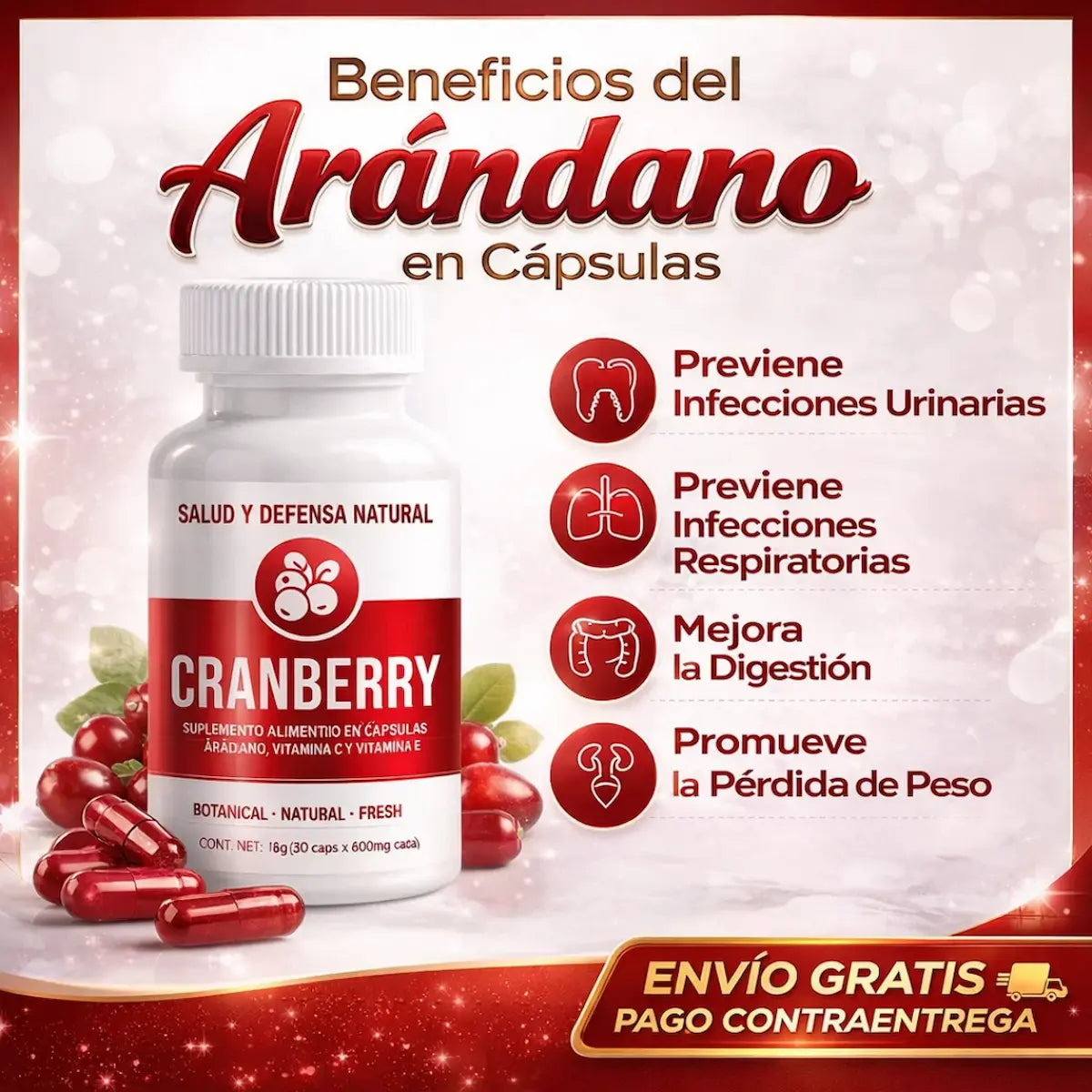 frasco con beneicios del arandano.