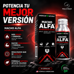 Caja y frasco de Macho Alfa Potenciador Sexual American Natural con los principales beneficios de la fórmula natural sobre un fondo oscuro moderno y el logo de Multimas Online Store