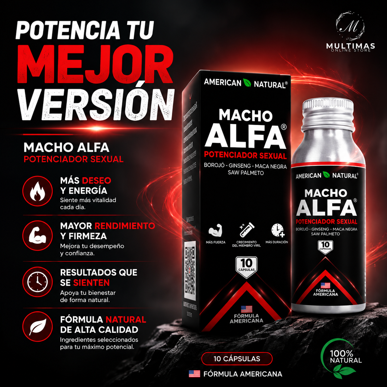 Caja y frasco de Macho Alfa Potenciador Sexual American Natural con los principales beneficios de la fórmula natural sobre un fondo oscuro moderno y el logo de Multimas Online Store