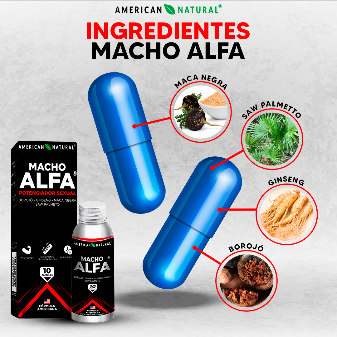 Ingredientes principales de Macho Alfa: borojó, ginseng, maca negra y saw palmetto alrededor del producto.