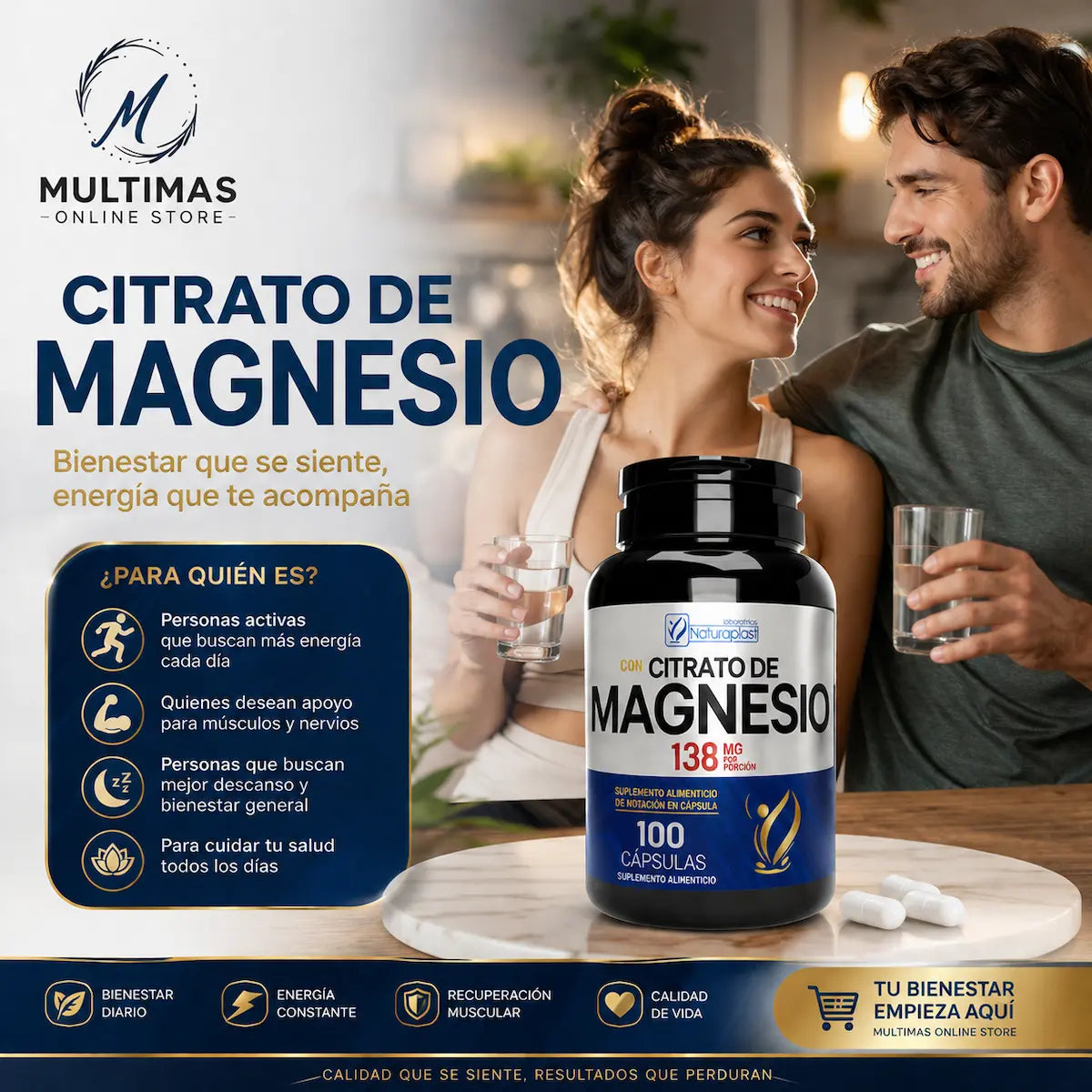 Citrato de Magnesio, suplemento que apoya la salud ósea y digestiva
Etiqueta del frasco de Citrato de Magnesio, 100 cápsulas
Citrato de Magnesio, alternativa natural para el estreñimiento ocasional