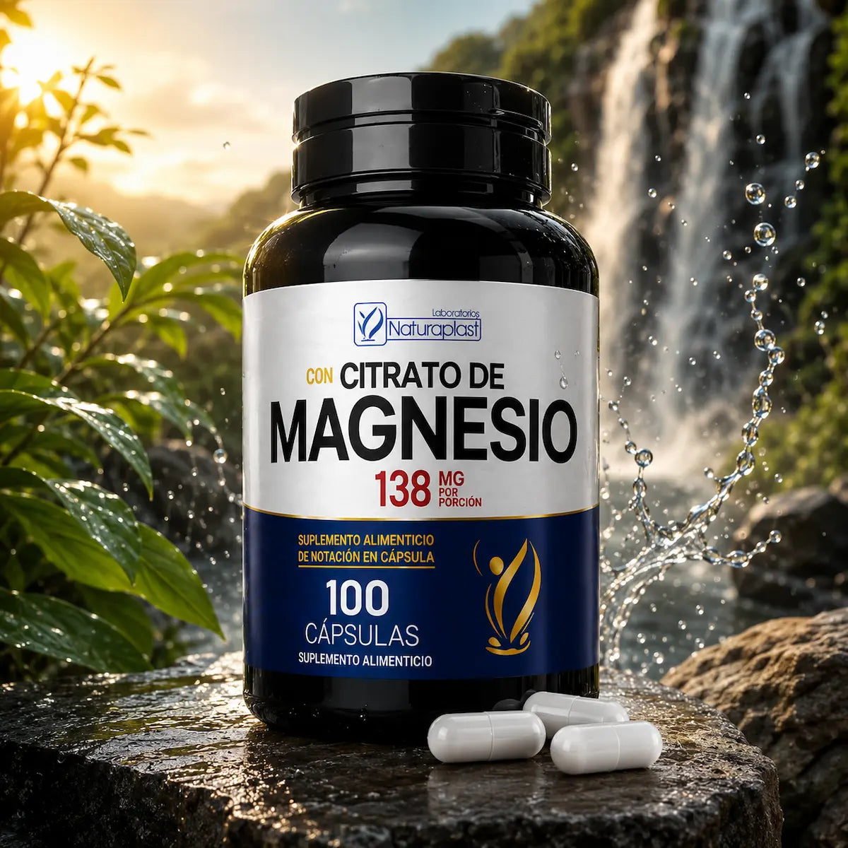 Frasco negro de Citrato de Magnesio 138mg, vista frontal