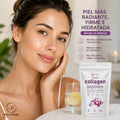 Mujer con piel luminosa y saludable junto al suplemento Multi Collagen Peptides de Micro Ingredients, promoviendo la hidratación, elasticidad de la piel y la reducción de líneas de expresión.