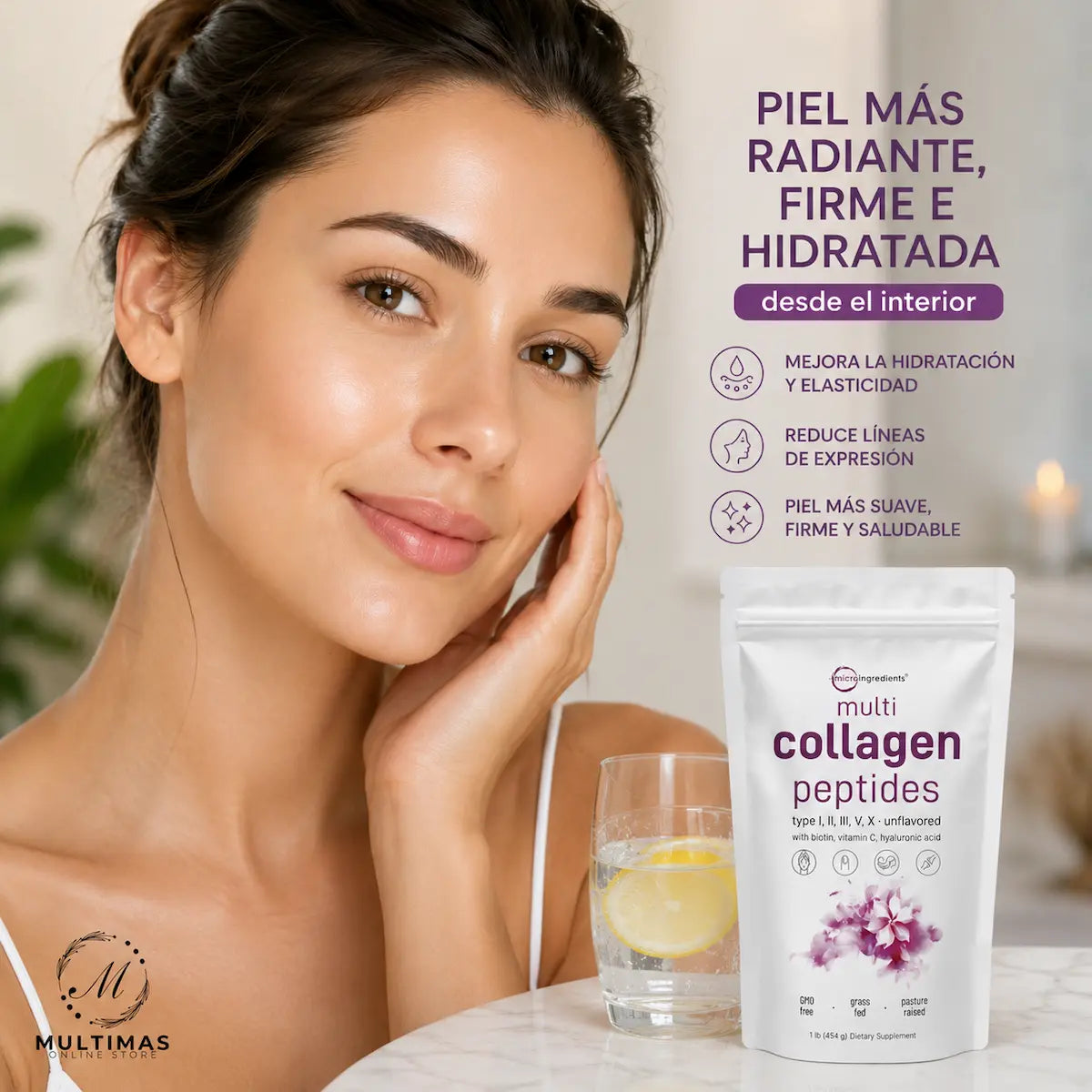 Mujer con piel luminosa y saludable junto al suplemento Multi Collagen Peptides de Micro Ingredients, promoviendo la hidratación, elasticidad de la piel y la reducción de líneas de expresión.