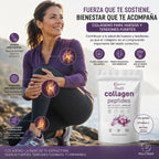 Mujer de mediana edad con estilo de vida activo acompañada de Multi Collagen Peptides, representando el apoyo a la salud de huesos, tendones y tejido conectivo.