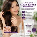 Mujer con cabello brillante y uñas saludables junto al suplemento Multi Collagen Peptides con biotina y vitamina C para fortalecer el cabello y las uñas.