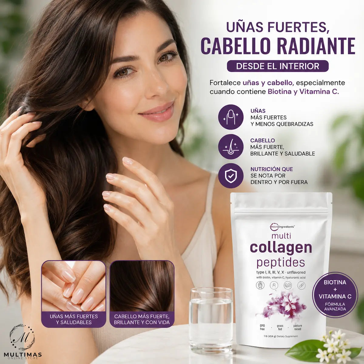 Mujer con cabello brillante y uñas saludables junto al suplemento Multi Collagen Peptides con biotina y vitamina C para fortalecer el cabello y las uñas.