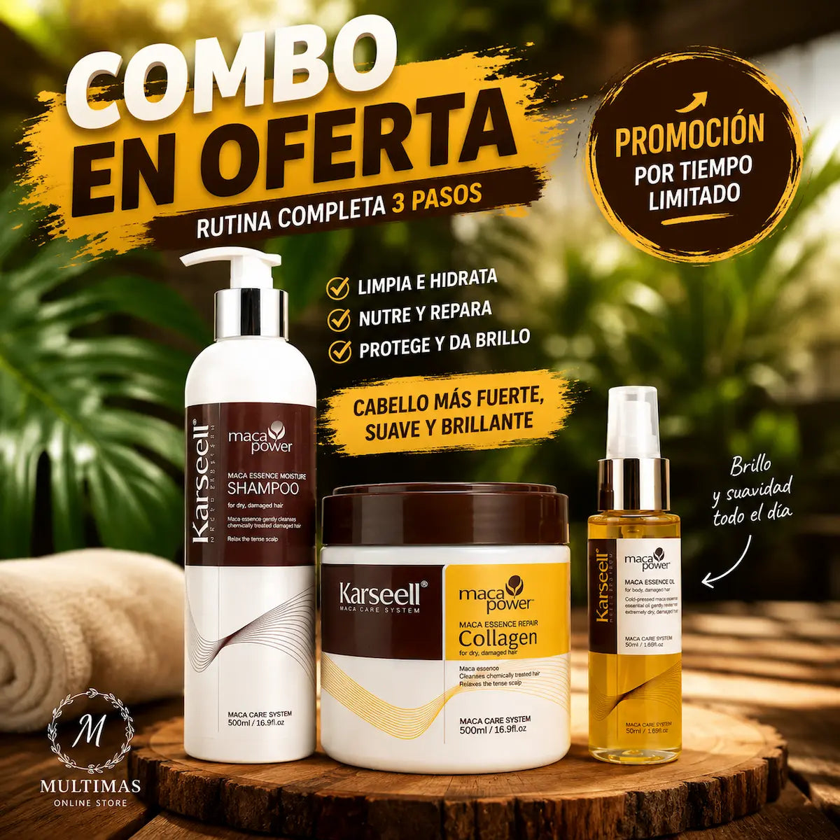 Combo Karseell en oferta con shampoo 500 ml, mascarilla de colágeno 500 ml y aceite capilar 50 ml para una rutina completa de cuidado, hidratación y suavidad del cabello.