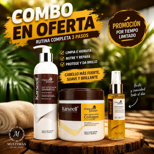 Combo Karseell en oferta con shampoo 500 ml, mascarilla de colágeno 500 ml y aceite capilar 50 ml para una rutina completa de cuidado, hidratación y suavidad del cabello.
