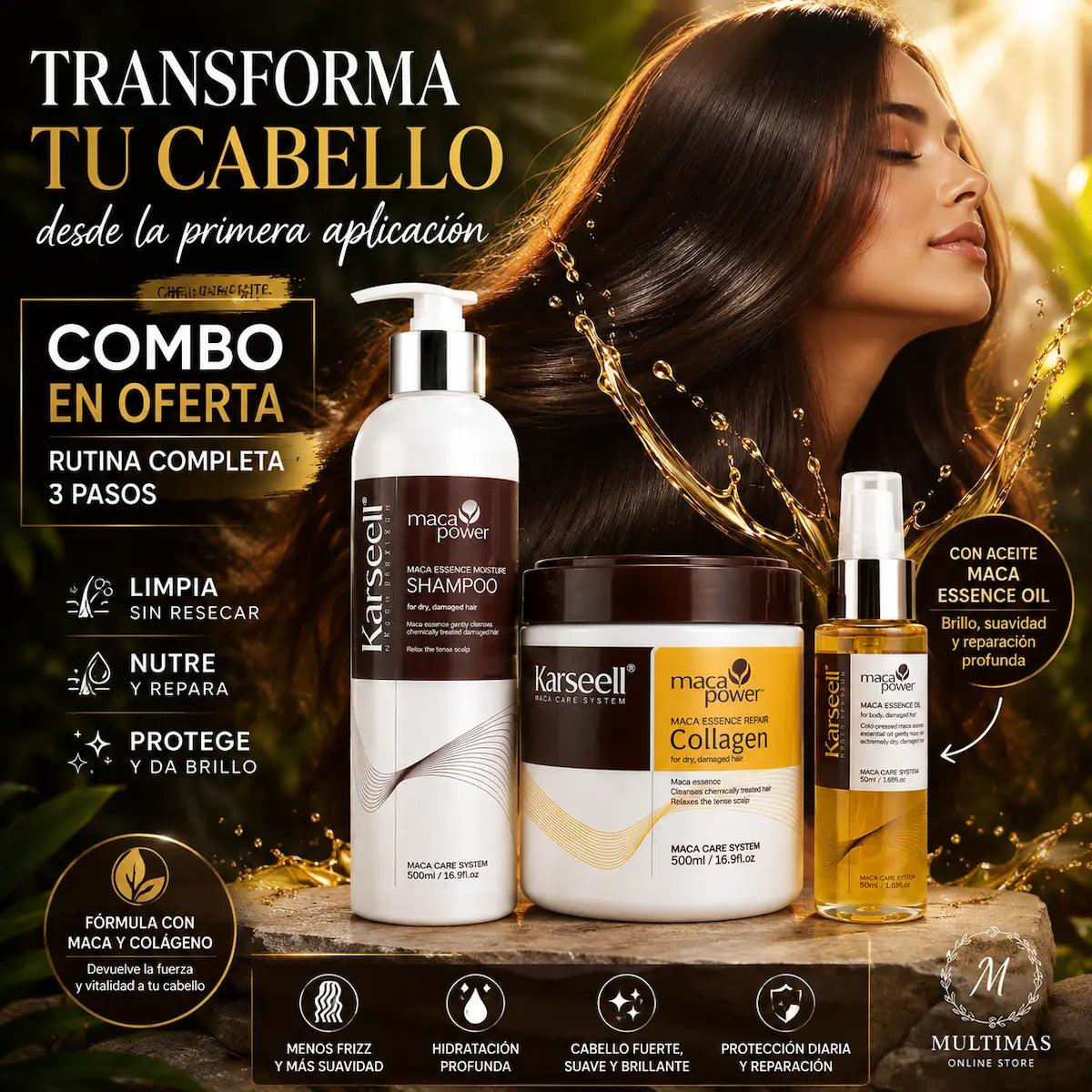 Combo Karseell de 3 pasos con shampoo, mascarilla de colágeno y aceite capilar para hidratar, suavizar y ayudar a controlar el frizz, presentado por MULTIMAS Online Store.