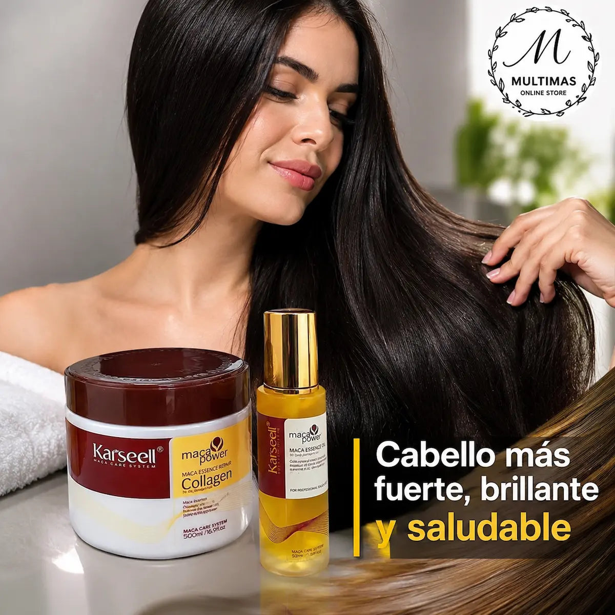 Mujer con cabello negro largo y brillante junto al combo Karseell de mascarilla de colágeno 500 ml y aceite capilar 50 ml, disponible en MULTIMAS Online Store.
