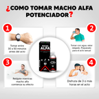 Infografía de cómo tomar Macho Alfa Potenciador Sexual con cuatro pasos ilustrados y presentación del producto.