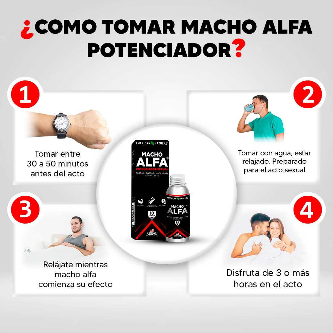 Infografía de cómo tomar Macho Alfa Potenciador Sexual con cuatro pasos ilustrados y presentación del producto.
