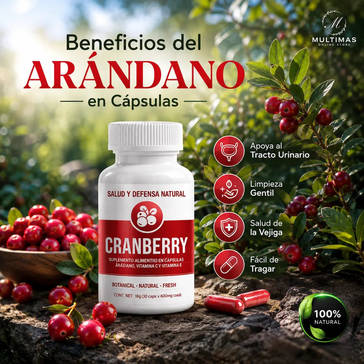 Suplemento Cranberry de arándano rojo con vitaminas C y E, presentado entre plantas y frutos de arándano en un entorno natural, disponible en Multimas Online Store.