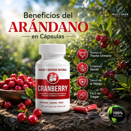 Suplemento Cranberry de arándano rojo con vitaminas C y E, presentado entre plantas y frutos de arándano en un entorno natural, disponible en Multimas Online Store.