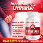 Suplemento Cranberry de arándano rojo con vitaminas C y E junto a imagen informativa sobre molestias urinarias y bienestar del tracto urinario.