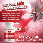 Suplemento Cranberry de arándano rojo en cápsulas junto a imagen informativa sobre molestias al orinar y cuidado del bienestar urinario.
