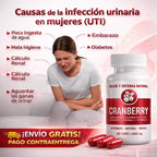 Suplemento Cranberry de arándano rojo con vitaminas C y E junto a imagen informativa sobre factores asociados al bienestar y cuidado del tracto urinario femenino.`
