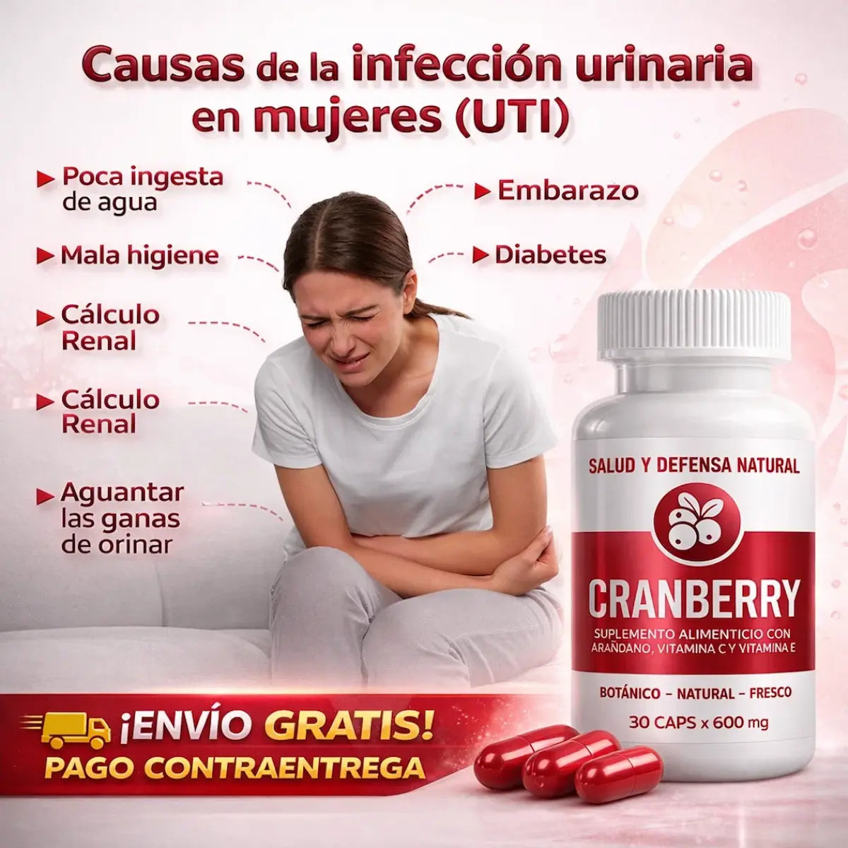 Suplemento Cranberry de arándano rojo con vitaminas C y E junto a imagen informativa sobre factores asociados al bienestar y cuidado del tracto urinario femenino.`
