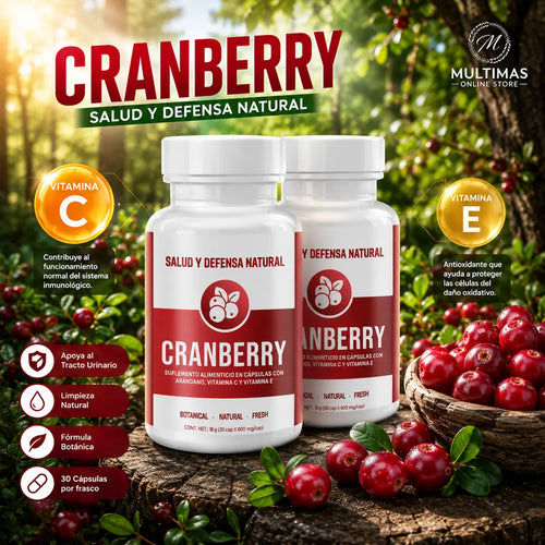 Suplemento Cranberry de arándano rojo con vitaminas C y E, presentado en un entorno natural con plantas y frutos de arándano, disponible en Multimas Online Store.