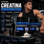 Creatina Athlon Monohidratada junto a deportista en gimnasio, destacando fuerza, potencia y rendimiento, con presentación de 100 porciones y logo de Multimas Online Store.