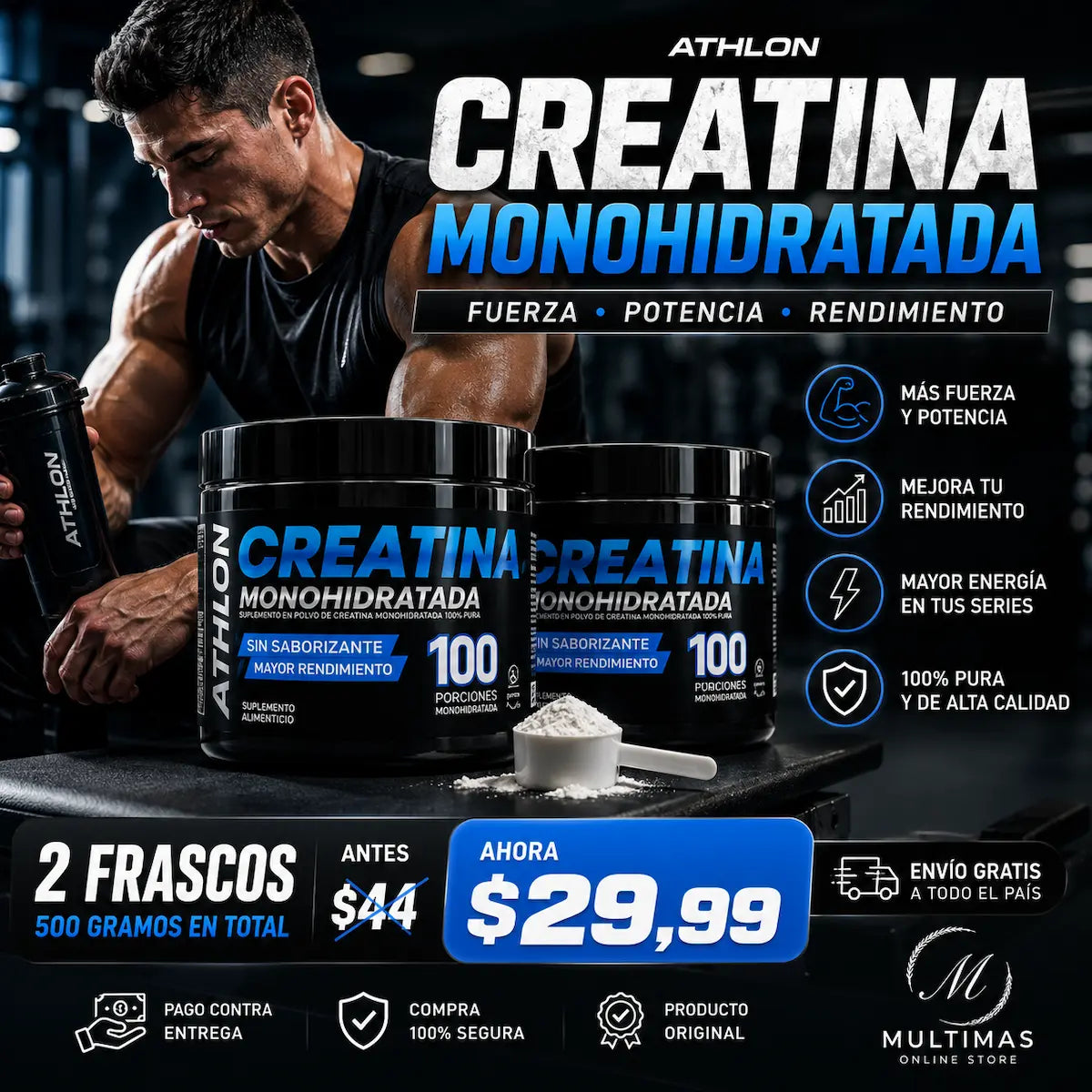 Combo de 2 frascos de Creatina Athlon Monohidratada con 500 gramos en total, presentado en ambiente de gimnasio junto a deportista, disponible en Multimas Online Store.