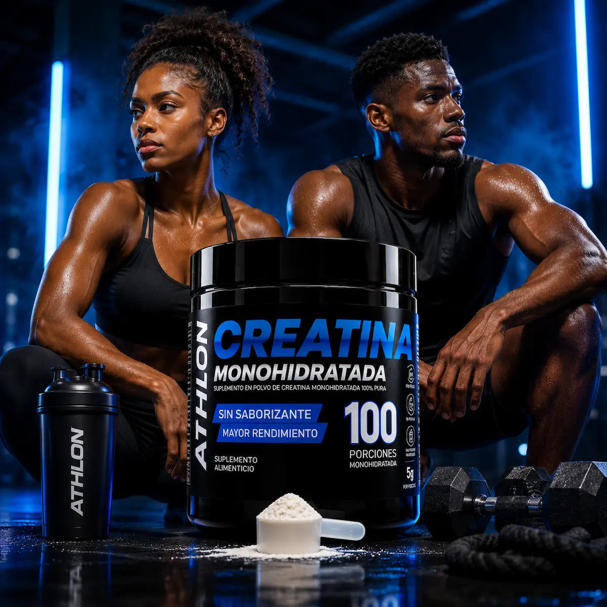 Hombre y mujer de piel negra en un gimnasio junto a un frasco de Creatina Monohidratada Athlon, presentada en un ambiente deportivo y profesional.