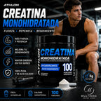 Creatina Athlon Monohidratada con etiqueta original azul y negra, presentada junto a deportista en gimnasio, destacando fuerza, potencia, rendimiento y 100 porciones, disponible en Multimas Online Store.