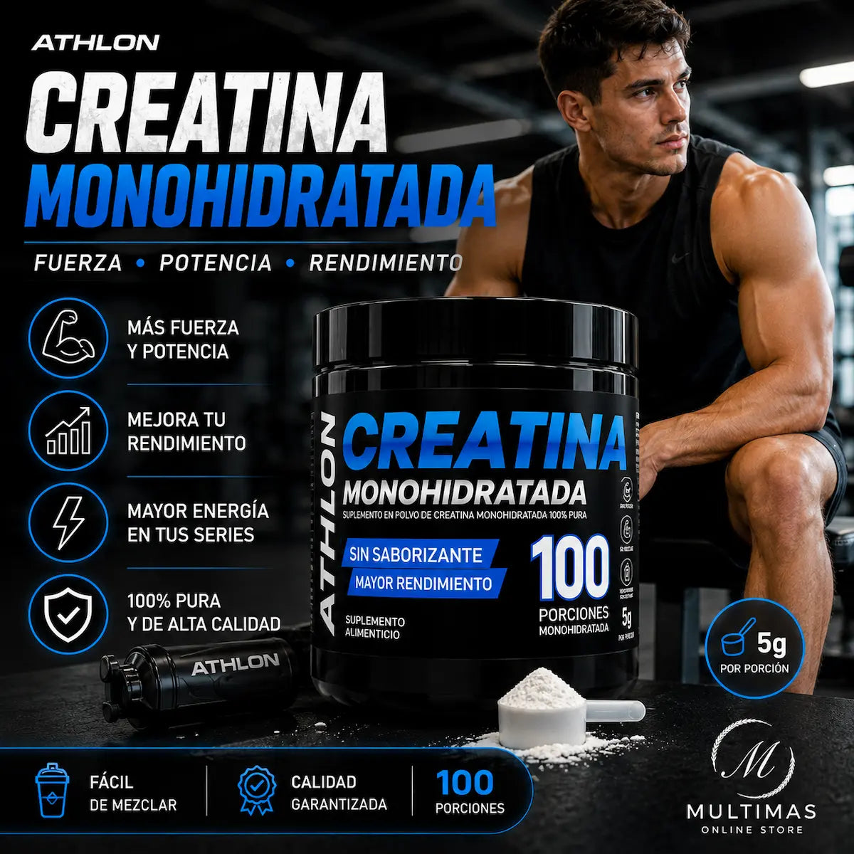 Creatina Athlon Monohidratada con etiqueta original azul y negra, presentada junto a deportista en gimnasio, destacando fuerza, potencia, rendimiento y 100 porciones, disponible en Multimas Online Store.