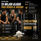 Creatina Athlon Monohidratada con etiqueta negra y dorada, presentada junto a deportistas en gimnasio, enfocada en fuerza, potencia y rendimiento, disponible en Multimas Online Store.