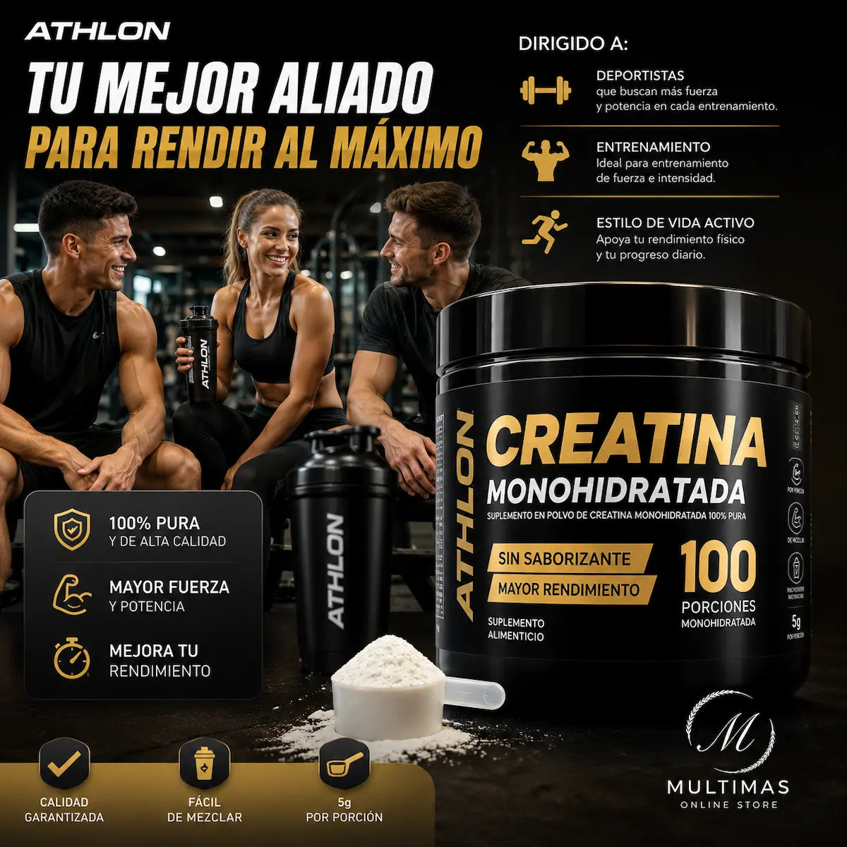 Creatina Athlon Monohidratada con etiqueta negra y dorada, presentada junto a deportistas en gimnasio, enfocada en fuerza, potencia y rendimiento, disponible en Multimas Online Store.