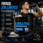 Creatina Athlon monohidratada junto a deportista entrenando en gimnasio, presentación de 100 porciones y 5 g por porción, disponible en Multimas Online Store.