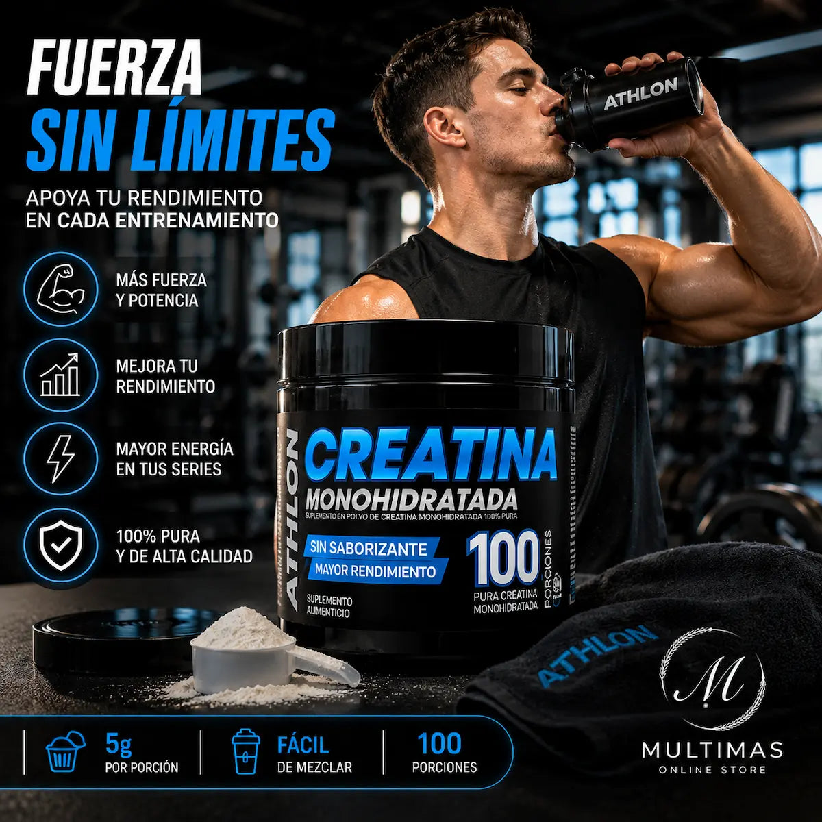 Creatina Athlon monohidratada junto a deportista entrenando en gimnasio, presentación de 100 porciones y 5 g por porción, disponible en Multimas Online Store.