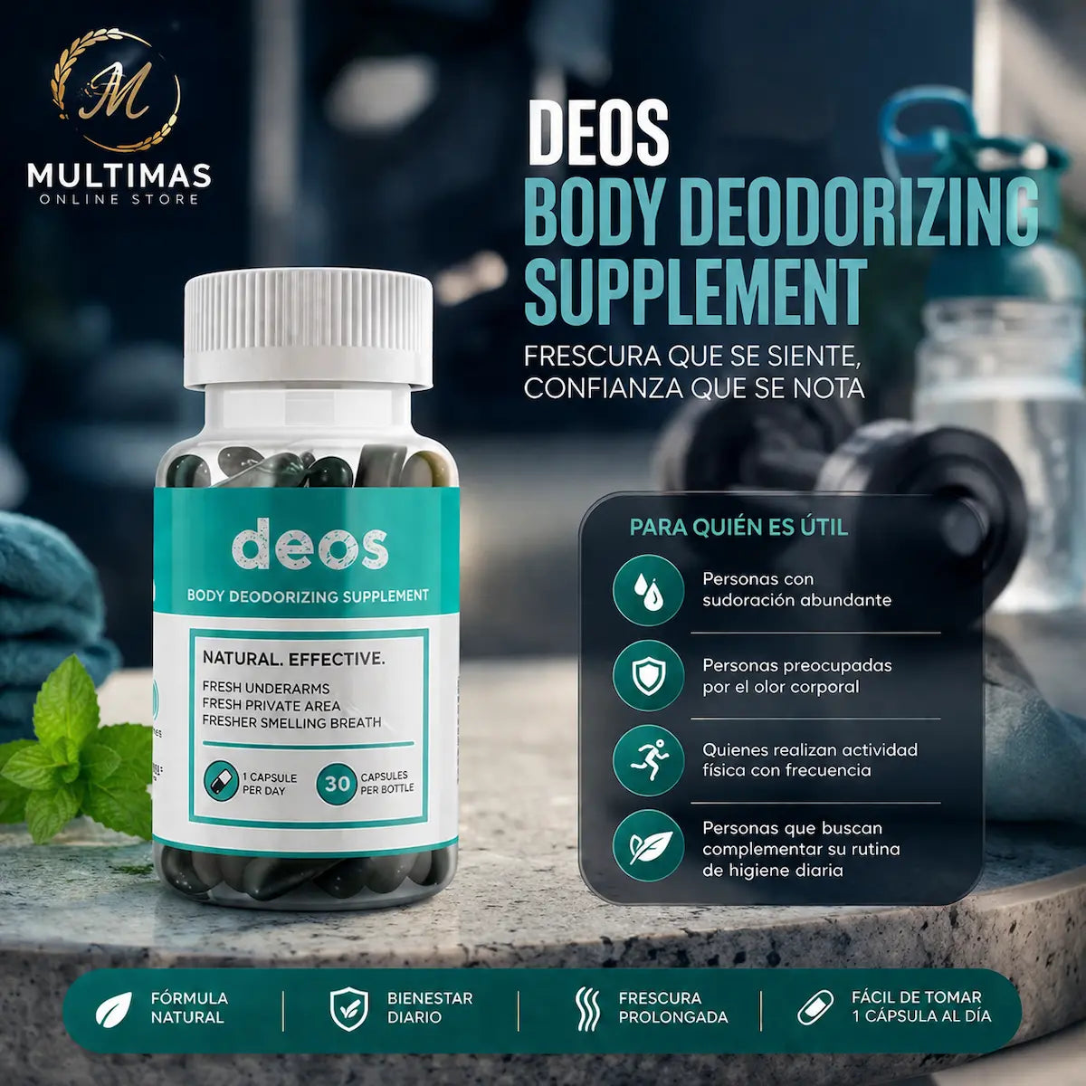 Deos Body Deodorizing Supplement con fondo de gimnasio y estilo de vida activo, ideal para personas con sudoración abundante, preocupadas por el olor corporal o que buscan complementar su rutina diaria de higiene. Disponible en Multimas Online Store.