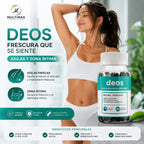 Deos Body Deodorizing Supplement con mujer sonriendo y levantando el brazo para representar frescura en axilas y bienestar íntimo. Suplemento alimenticio para complementar la higiene diaria y favorecer una sensación de frescura durante todo el día. Disponible en Multimas Online Store.