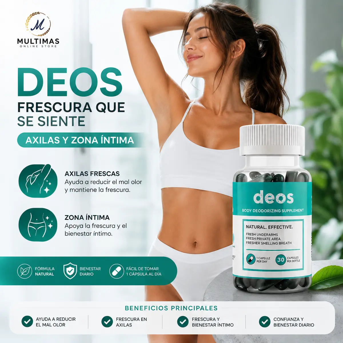 Deos Body Deodorizing Supplement con mujer sonriendo y levantando el brazo para representar frescura en axilas y bienestar íntimo. Suplemento alimenticio para complementar la higiene diaria y favorecer una sensación de frescura durante todo el día. Disponible en Multimas Online Store.