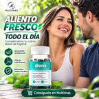 Suplemento Deos Body Deodorizing Supplement con una pareja sonriendo al aire libre, diseñado para complementar la higiene diaria y favorecer una sensación de aliento fresco y bienestar durante todo el día. Disponible en Multimas Online Store.