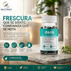 Deos Body Deodorizing Supplement sobre una encimera de baño con fondo elegante y natural. Suplemento alimenticio para complementar la higiene diaria, favorecer una sensación de frescura, ayudar a reducir el mal olor y brindar bienestar durante todo el día. Disponible en Multimas Online Store.