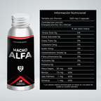 Tabla de información nutricional de Macho Alfa junto al frasco del producto.