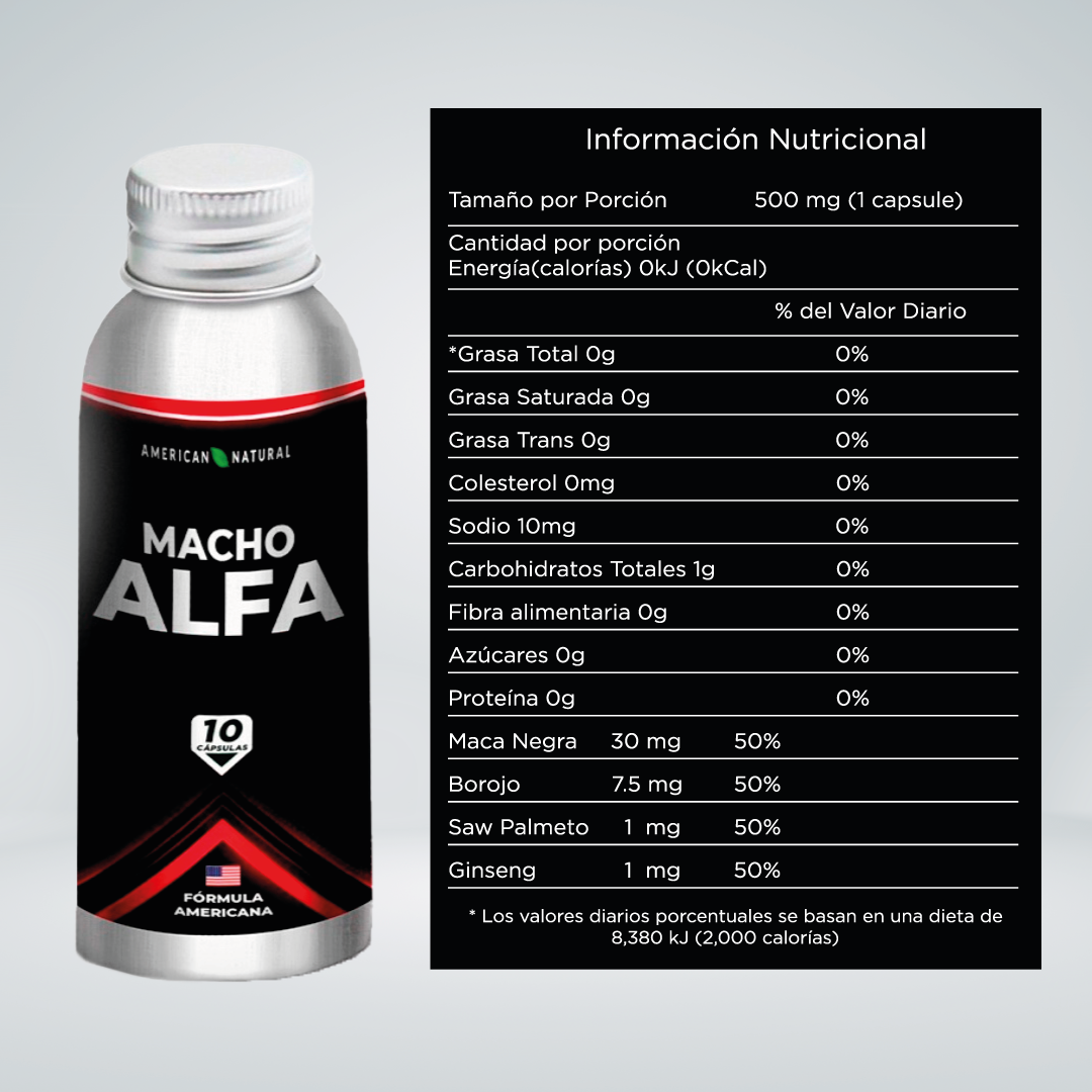Tabla de información nutricional de Macho Alfa junto al frasco del producto.