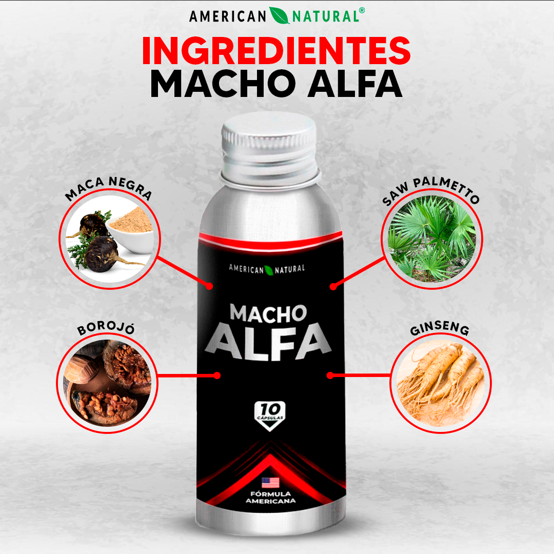 Presentación de los ingredientes naturales utilizados en la fórmula de Macho Alfa con imágenes ilustrativas.