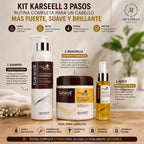Kit Karseell de 3 pasos con shampoo, mascarilla de colágeno y aceite capilar para cabello seco, maltratado, con frizz o expuesto a tintes y calor.