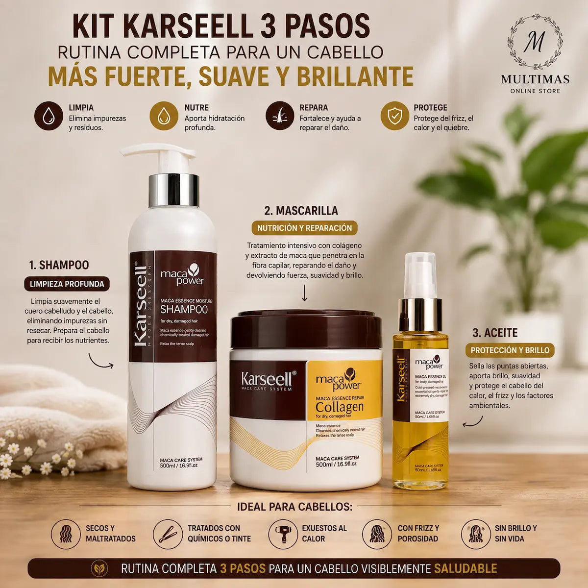 Kit Karseell de 3 pasos con shampoo, mascarilla de colágeno y aceite capilar para cabello seco, maltratado, con frizz o expuesto a tintes y calor.