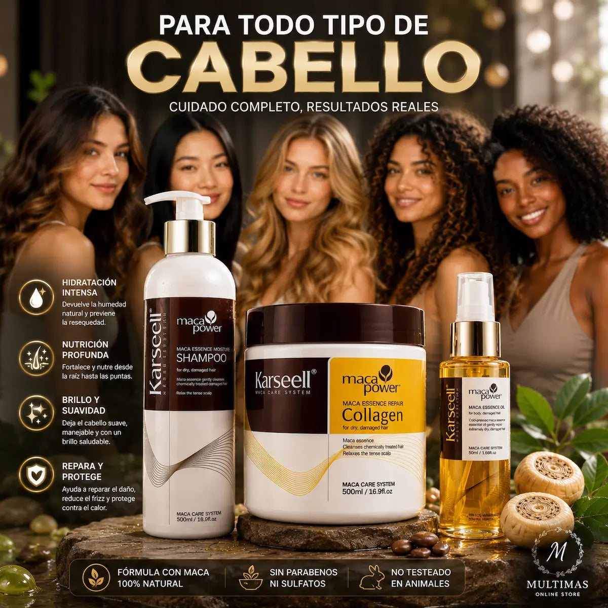 Kit Karseell de 3 pasos con shampoo, mascarilla de colágeno y aceite capilar para distintos tipos de cabello, enfocado en hidratación, nutrición, suavidad, brillo y control del frizz.