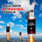 Diseño creativo de Macho Alfa con ilustración de cohete y mensaje promocional de potencia masculina.