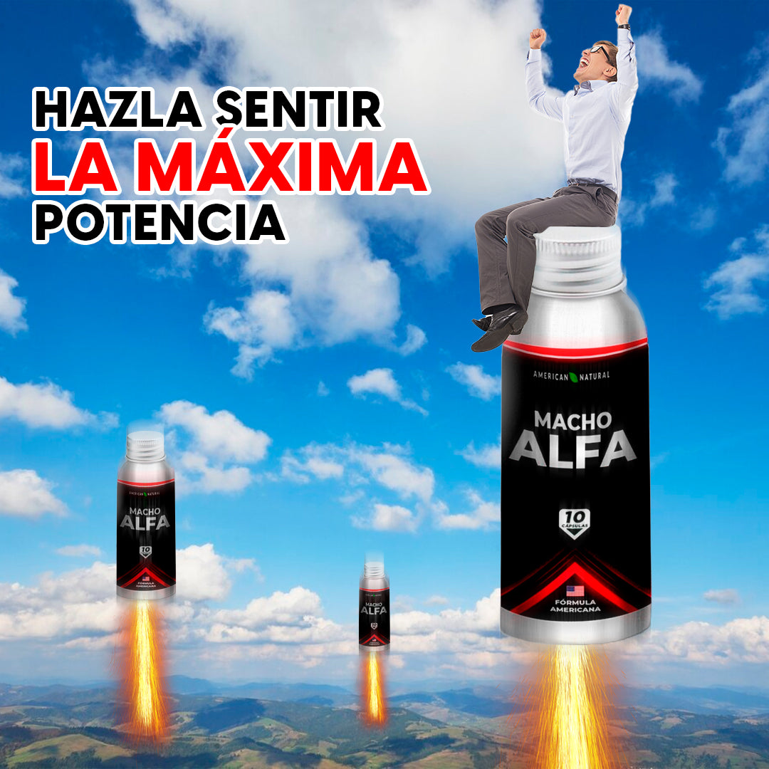 Diseño creativo de Macho Alfa con ilustración de cohete y mensaje promocional de potencia masculina.