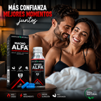 Pareja sonriendo y abrazándose junto a Macho Alfa Potenciador Sexual en un ambiente cálido y romántico, destacando momentos especiales y confianza.