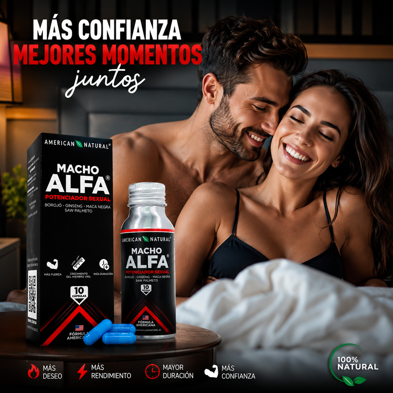 Pareja sonriendo y abrazándose junto a Macho Alfa Potenciador Sexual en un ambiente cálido y romántico, destacando momentos especiales y confianza.