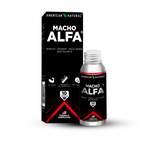 Caja y frasco originales de Macho Alfa Potenciador Sexual sobre fondo negro, transparente.